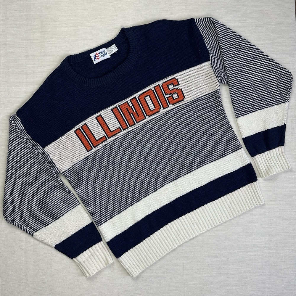 Vtg 80s Cliff Engle Illinois Fighting Illini Knit Sweater Wool Blend Size Medium